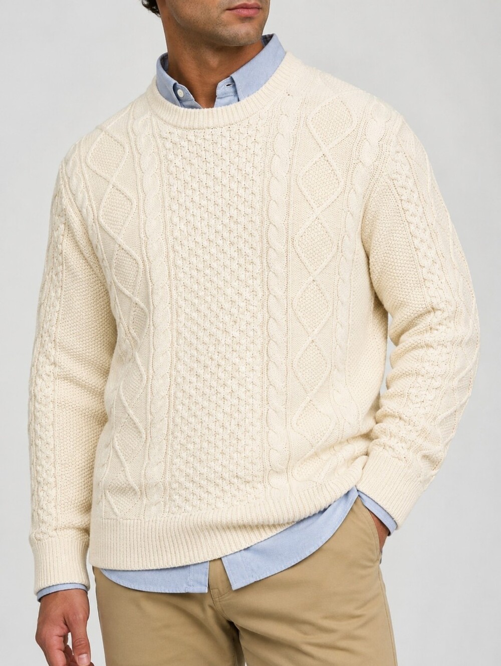 Polo Ralph Lauren Cotton Fisherman Aran Cable Knit Crewneck Sweater Cream M